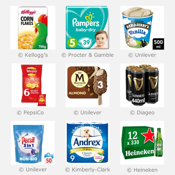 images of Kellogg’s cornflakes, Pampers nappies, Ben & Jerry’s ice cream, walkers crisps, Magnum ice cream, Guinness, Persil laundry capsules, Andrex toilet roll and Heineken beer