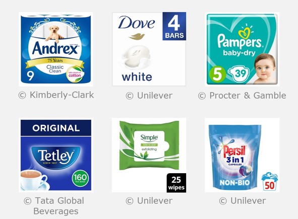 images of Andrex toilet rolls, Dove bar, Pampers nappies, Tetley tea bags, simple wipes and Persil capsules