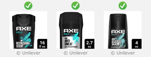Three examples of Axe personal care products, which have been slightly zoomed in and contain the size in the bottom right-hand corner.