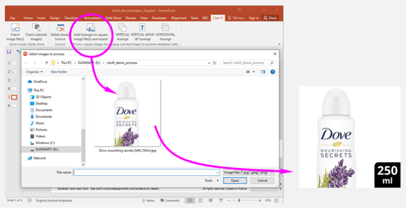 screenshot showing PowerPoint creating images with off pack communications derived from filenames