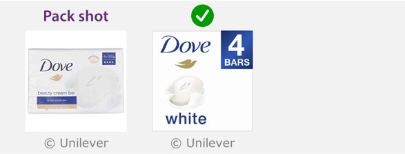 Example of a Dove soap bar pack and its hero image. Several elements have been removed and the remaining ones enlarged and rearranged a little.