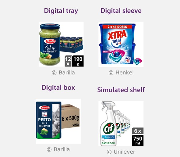 e-commerce images showing an example of the digital tray, digital sleeves, digital box, and simulated shelf