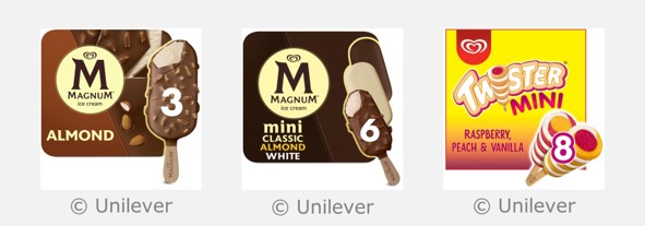 A 3 pack Magnum ice cream with 3 on the pull-out ice creams, a 6 pack variety ice cream with the number six written on one of the ice creams, and 8 pack twister mini with 8 written on one of the ice creams