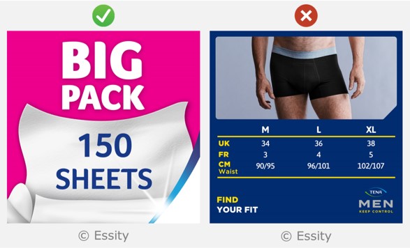 The left-hand image contains the single claim: ‘Big pack, 150 sheets’. The text in this image is very large. The right-hand image contains a sizing chart table for men’s underpants. The text within this table is presented at a small size.