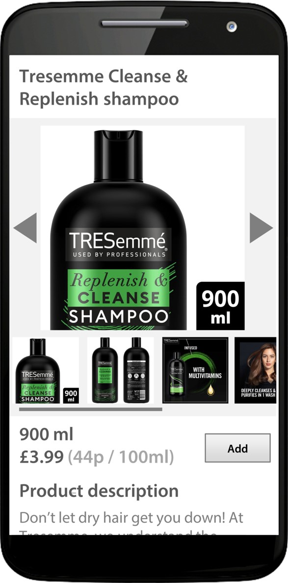 mocked up screenshot of a retailer website on mobile. The product detail page is shown, with a single secondary image shown at a large size, and the remaining secondary images shown at thumbnail size in a horizontal navigation bar.