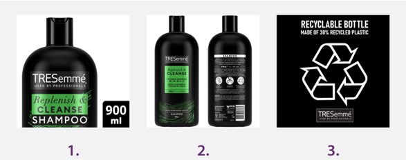3 example secondary images for Tresemme rinse and cleanse shampoo. The three images focus on different aspects of the pack details.