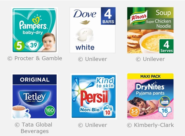 Hero images of Pampers nappies, Dove soap, Knorr soup, Tetley tea bags, Persil powder and DryNites nappies.