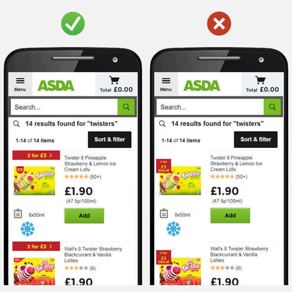 Screen shots from the Asda shopping app on a mobile phone. One is correct and shows special offers displayed in banners above the image tiles. The banners have yellow text on a red rectangular background. The other image is incorrect and shows red rectangles with special offer information placed in the top left of the image tiles, obscuring some of the image.