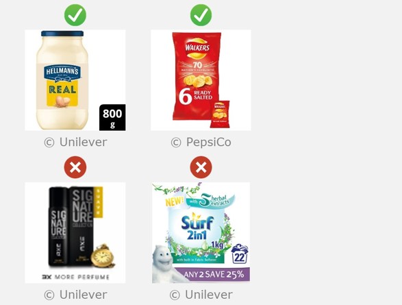 Two correct examples are shown in which the only off-pack information is a size lozenge and an individual item pulled out of a multipack. Two incorrect images are also shown, with advertising messages and additional imagery off-pack.